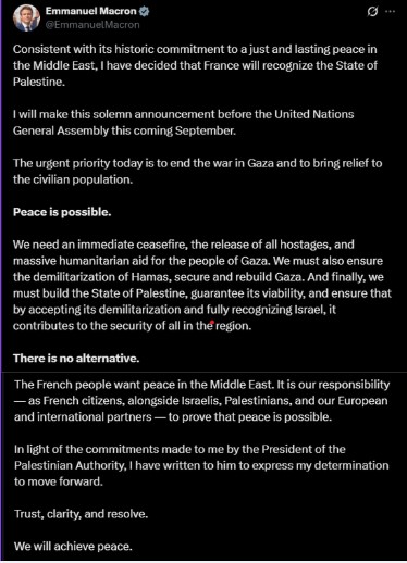 French President Macron outlines his recognition plan on social media, calling it a step toward a viable two-state solution.