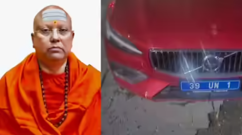 Chinmayanad Saraswati, director of a Vasant Kunj engineering institute, accused of molesting multiple students; police also seized his Volvo car with a fake UN number plate during the investigation. (PC: TOI)