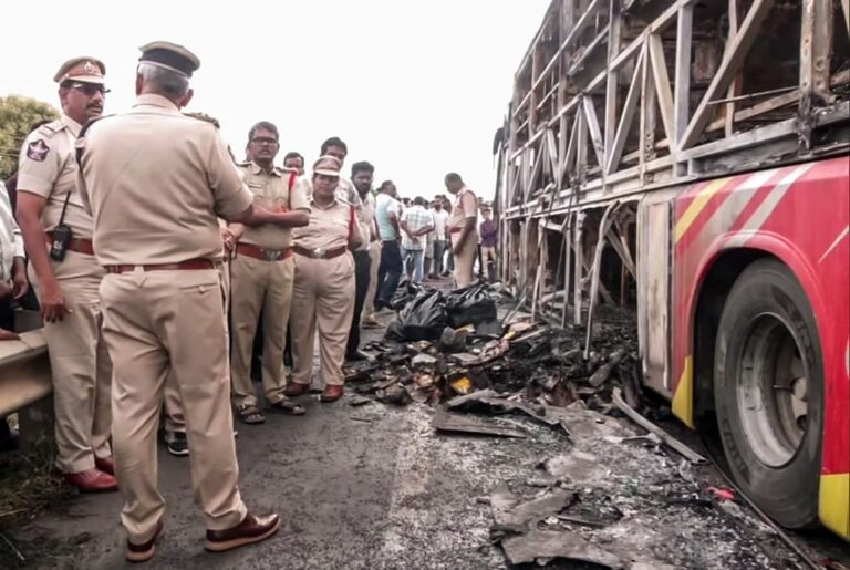 Flames engulf a private bus on National Highway 44 near Kurnool, Andhra Pradesh — 20 passengers killed in one of the state’s worst road tragedies. (PC: Hindustan Times)