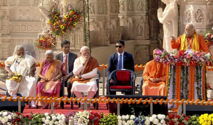 Prime Minister Narendra Modi with Uttar Pradesh Governor Anandiben Patel and Chief Minister Yogi Adityanath looks on as RSS chief Mohan Bhagwat speaks during the ‘Dhwajarohan’ ceremony at the Ram Temple, in Ayodhya, Uttar Pradesh. (PC: PTI)