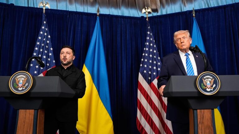President Donald Trump listens as Ukraine's President Volodymyr Zelenskyy speaks at a joint news conference following a meeting at Trump's Mar-a-Lago club (PC: AP)
