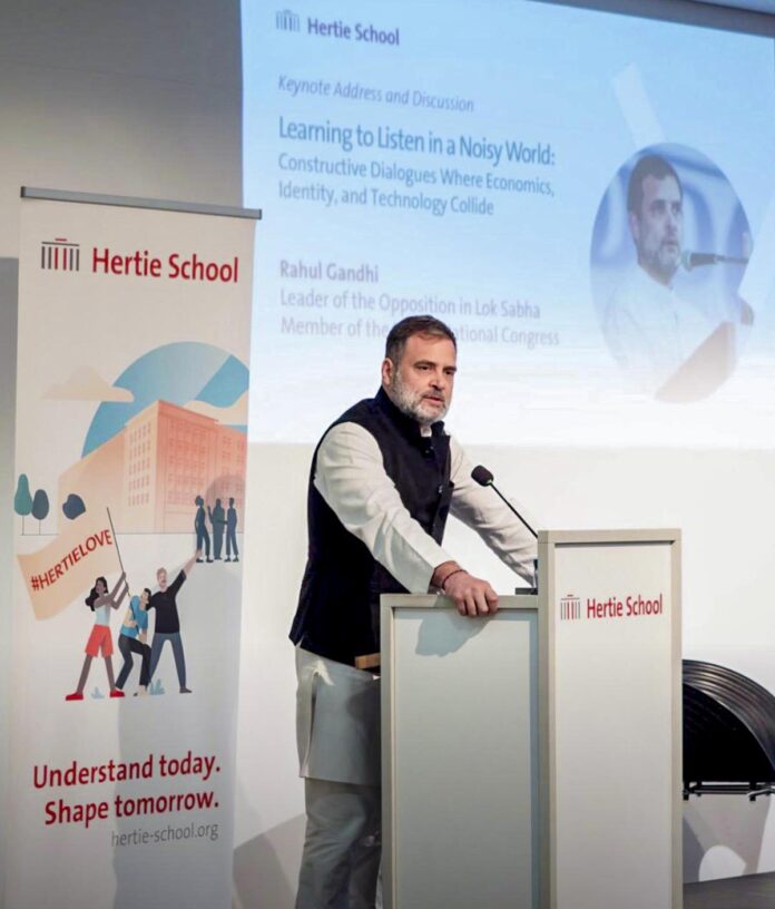 Leader of Opposition in the Lok Sabha and Congress leader Rahul Gandhi addresses a gathering during a visit to the Hertie School, in Berlin, Germany. (PC: X/@INCOverseas via PTI )