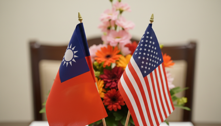 US and Taiwanese flags displayed during trade talks as Washington lowers tariffs to 15% and grants Taiwan Most Favoured Nation status under the new bilateral agreement. (Image: AI Generated)