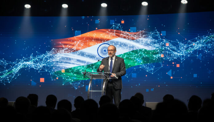 Jimmy Wales speaks at an AI summit in New Delhi, highlighting India’s growing influence in global artificial intelligence and the need for responsible innovation. (Image: AI Generated)