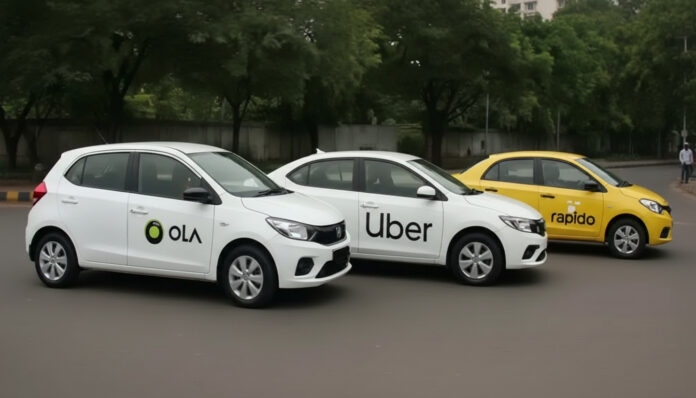 App-based taxi and autorickshaw drivers protest during a nationwide strike on February 7, demanding minimum base fares, regulation of aggregators and better protections for gig workers. (PC: AI Generated Image)
