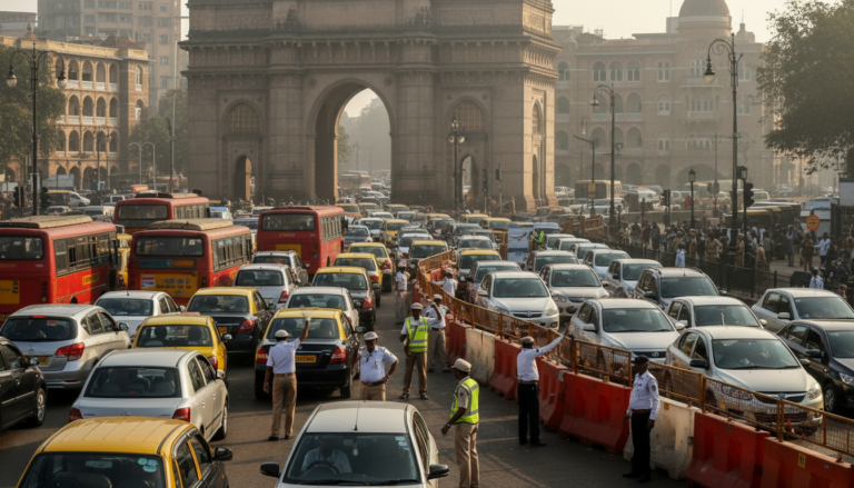 Traffic congestion in South Mumbai ahead of PM Modi and French President Emmanuel Macron’s high-level India–France Year of Innovation 2026 event. (Image: AI Generated)