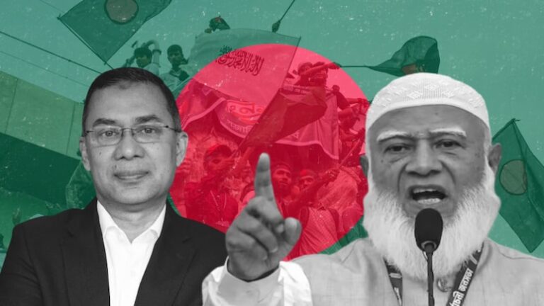 BNP leader Tarique Rahman and Jamaat-e-Islami chief Shafiqur Rahman pictured against the backdrop of Bangladesh’s national flag, as the 2026 general election reshapes the country’s political landscape. (PC: NDTV)