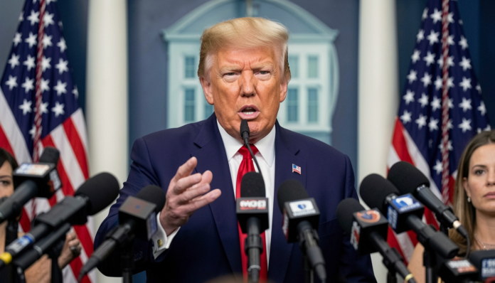 Donald Trump speaks about Iran and Strait of Hormuz developments during remarks at the White House. (Image: AI Generated)