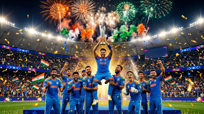 Indian cricket team players celebrate their T20 World Cup victory as their aggressive “Total T20” strategy redefines modern cricket. (Image: AI Generated)