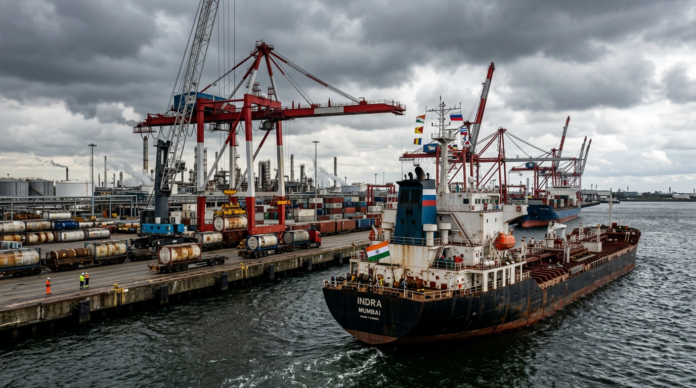 Oil tankers carrying Russian crude sit offshore as the United States temporarily allows India to purchase stranded shipments to stabilise global energy markets. (Image: AI Generated)