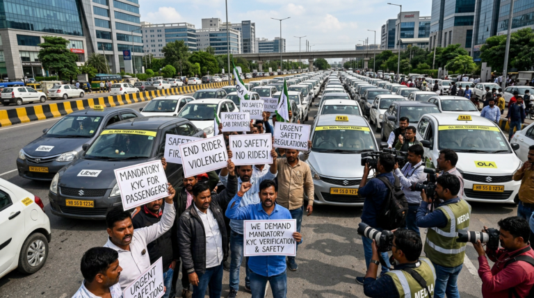 Cab drivers protest in Gurugram demanding passenger verification and improved safety measures. (Image: AI Generated)