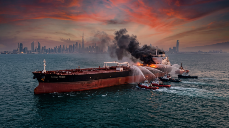 A Kuwaiti crude oil tanker damaged in a suspected drone strike near Dubai anchorage as firefighting teams respond to the onboard blaze. (Image: AI Generated)