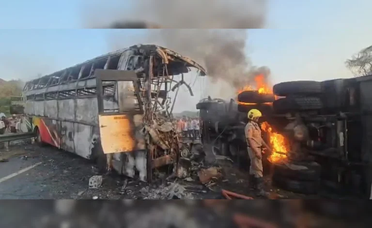 Burnt private travel bus after collision with tipper lorry in Andhra Pradesh’s Markapuram district, leaving 13 dead and several injured. (PC: NDTV)